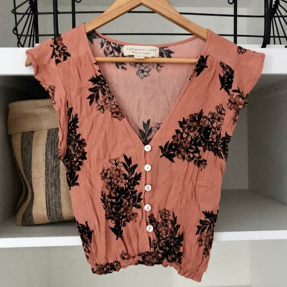 Saltwater Luxe Crop Blouse Gold Shimmer Thread Cap Flutter Sleeves SM - Picture 4 of 6